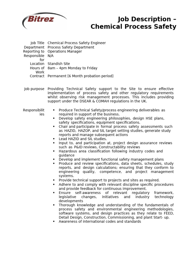 Chemical Process Safety Engineer Role | PDF | Safety | Engineering