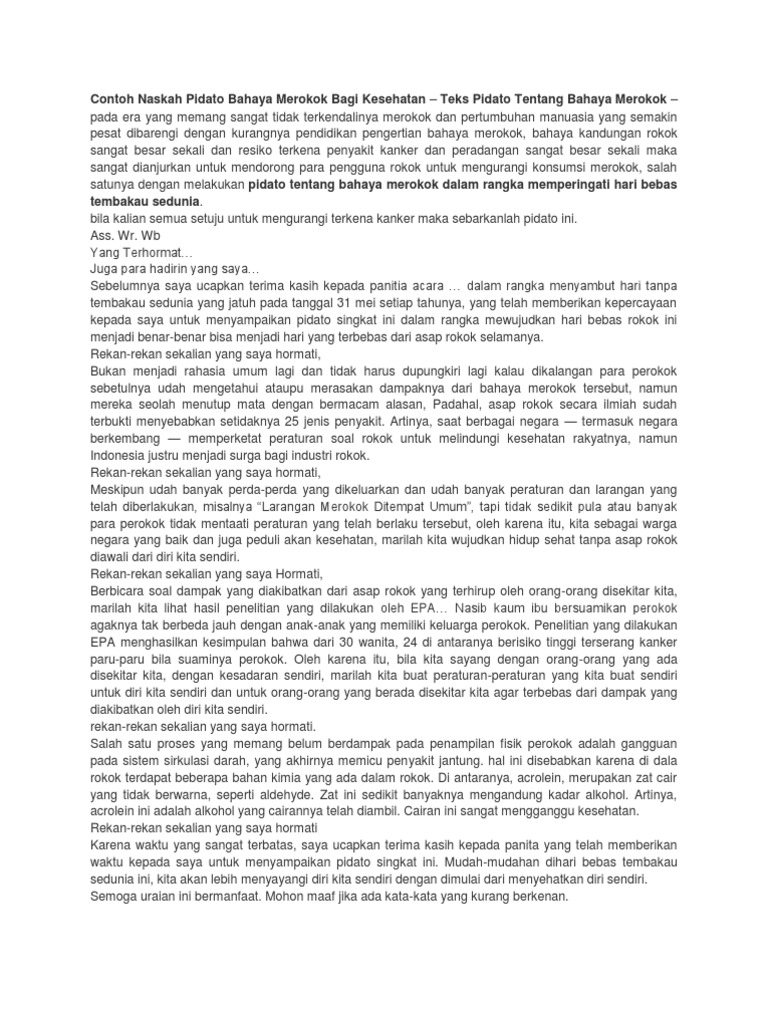 Contoh Naskah Pidato Bahaya Merokok Bagi Kesehatan