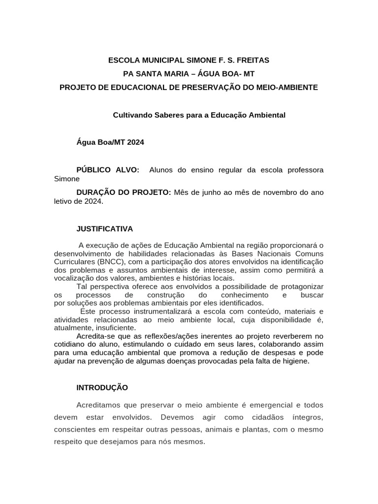 Projeto de Educação Ambiental 2024 | PDF | Ambiente natural
