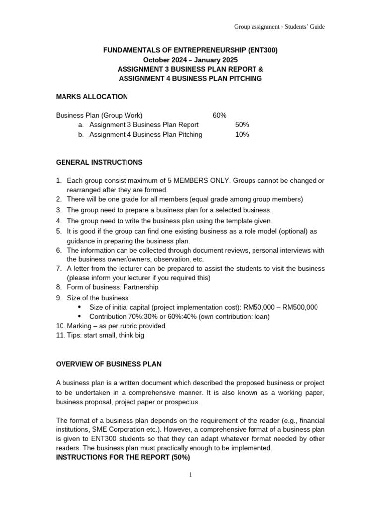 Ent300 Assignment 3&4 Business Plan General Guidelines 20244 | PDF ...