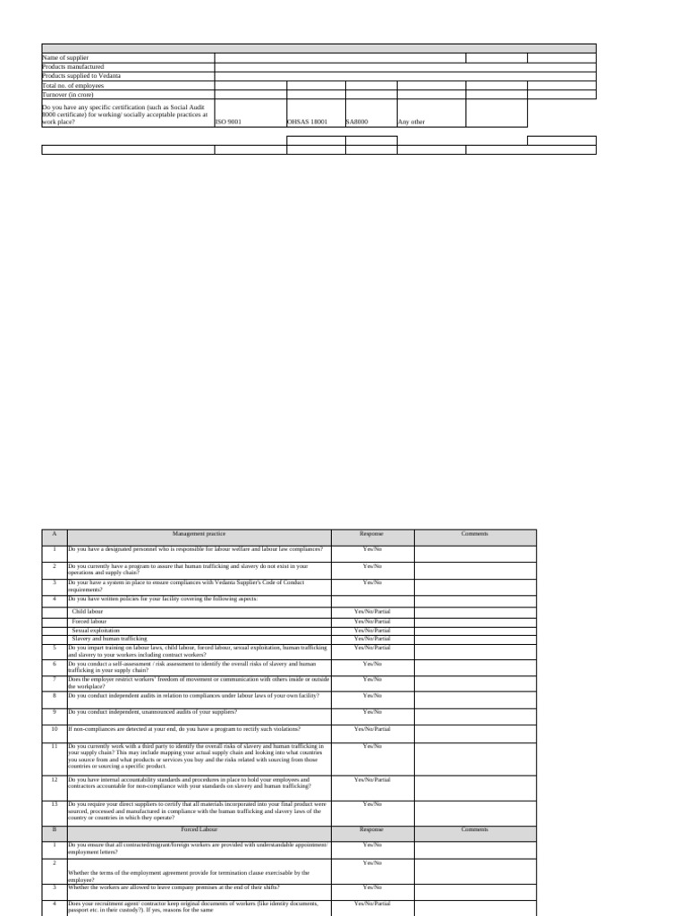 EcoVadis Supplier Compliance Questionnaire | PDF | Employment | Labour ...