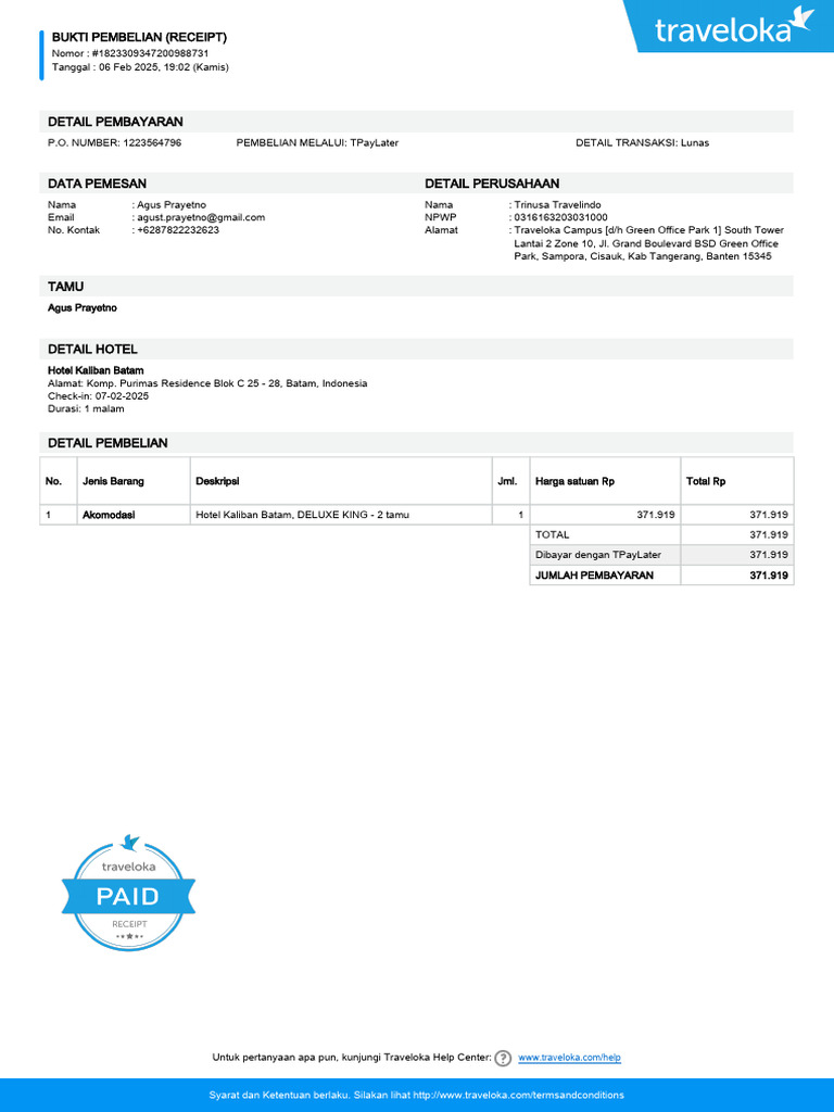 Contoh Receipt Pembayaran Traveloka | PDF