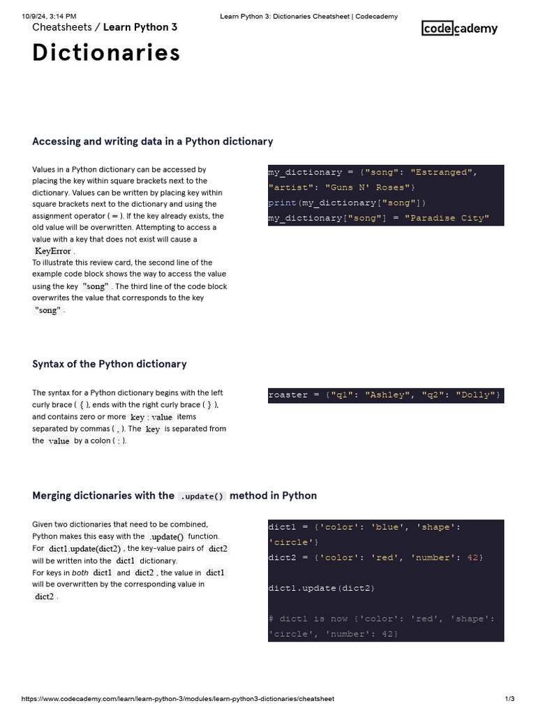 Python Dictionary Basics Cheatsheet | PDF | Data Type | Python ...