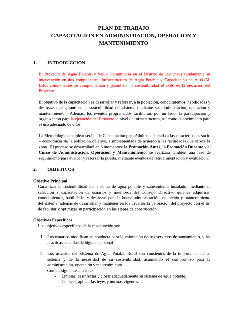 Plan de Capacitacion O M | PDF | Creación de capacidad | Agua
