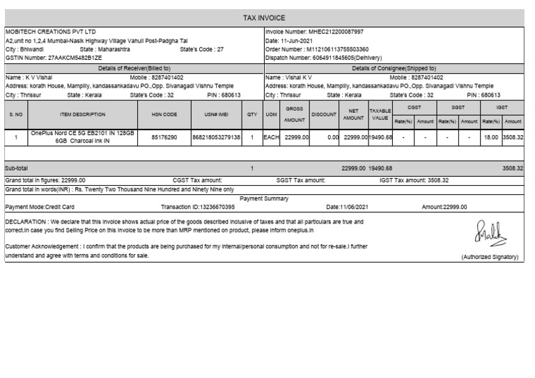 Tax Invoice for OnePlus Nord CE 5G | PDF | Invoice | Taxes