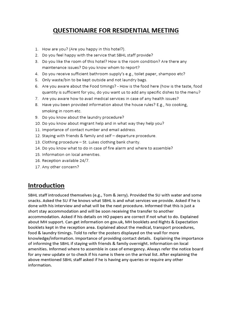 Residential Meeting Questionnaire Insights | PDF