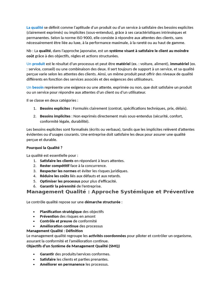 Management de la Qualité en Entreprise | PDF | Management de la qualité ...