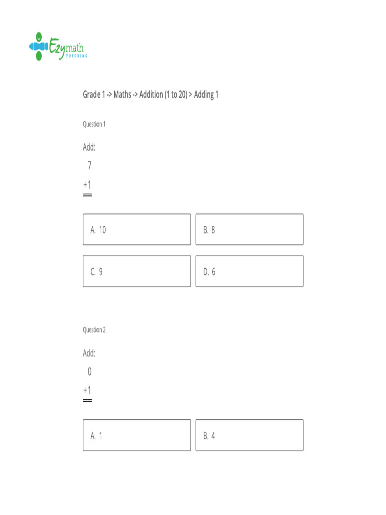 Year 1 - Maths Worksheet - Addition (1 To 20) - Adding 1 | PDF