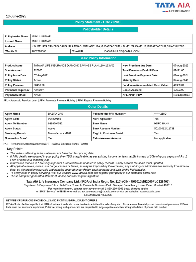 Statement 20250613070109388 C261732845 | PDF | Insurance | Life Insurance