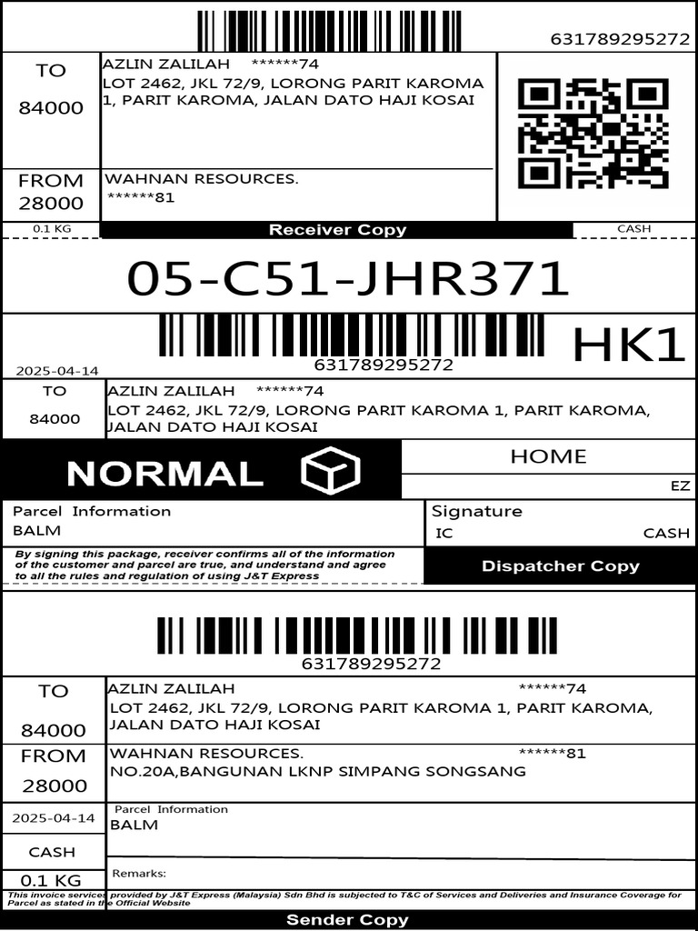 J&T Express Parcel Invoice 631789295272 | PDF