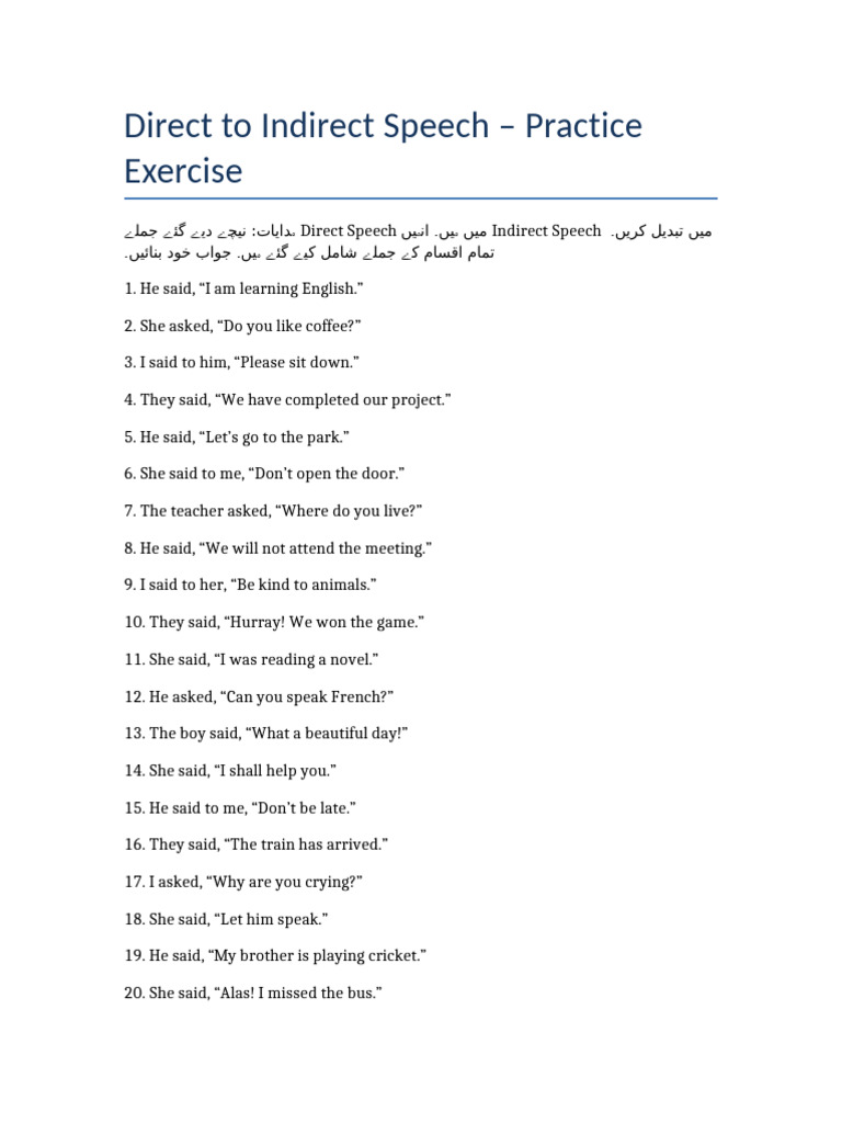 Direct To Indirect Speech Exercise Pdf