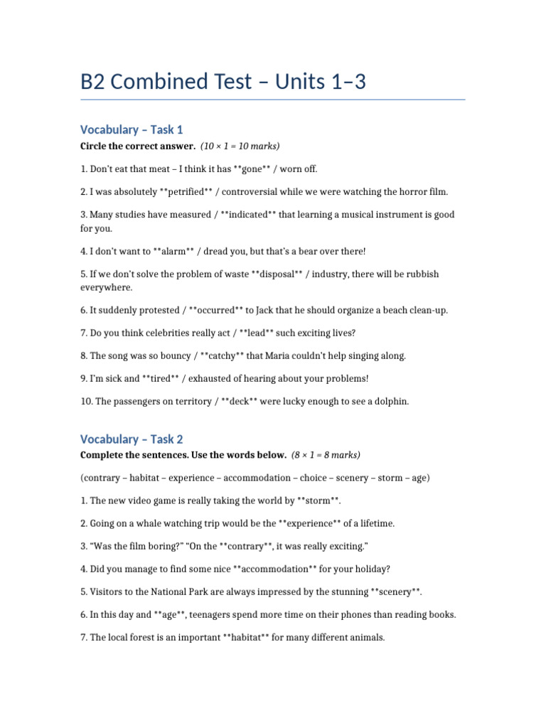 B2 Combined Test: Vocabulary & Grammar | PDF