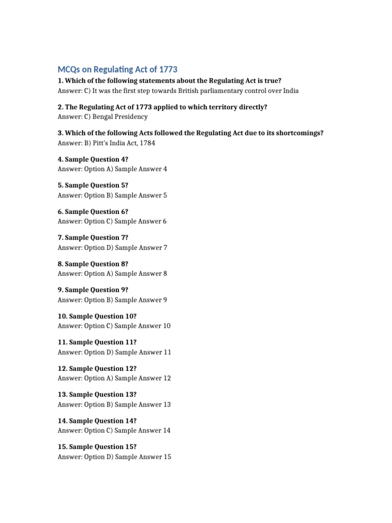 Regulating Act 1773 MCQs and Answers | PDF | Chess | Chess Theory