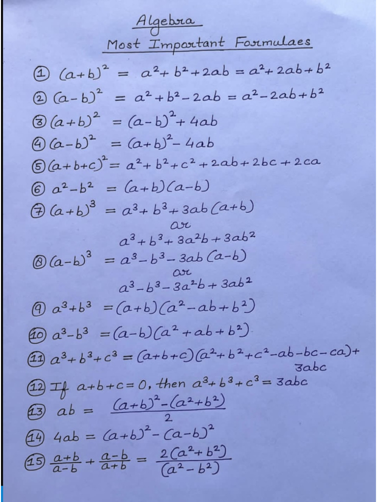 Algebra Topper Formula Notes Pdf