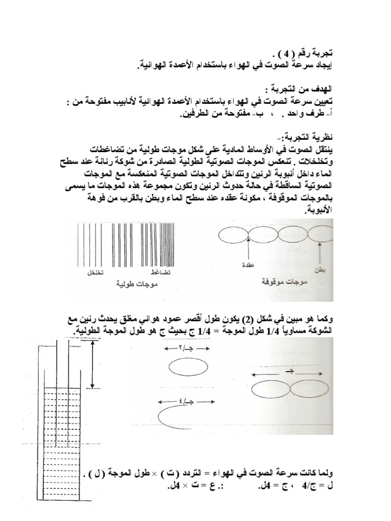 إيجاد سرعة الصوت في الهواء باستخدام الأعمدة الهوائية Pdf