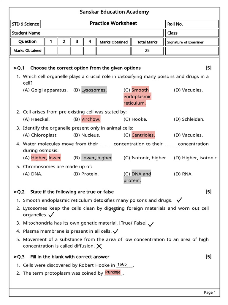 STD 9 Science Practice Worksheet | PDF | Cell (Biology) | Organelle