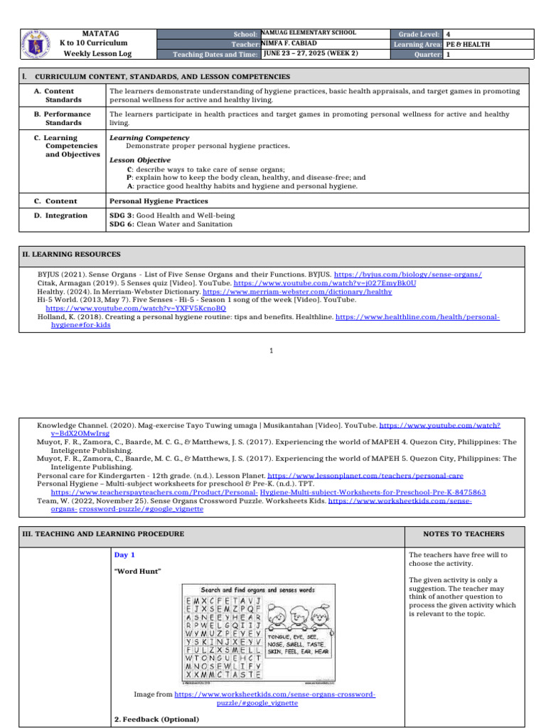 Grade 4 PE & Health Lesson Plan | PDF | Senses | Taste