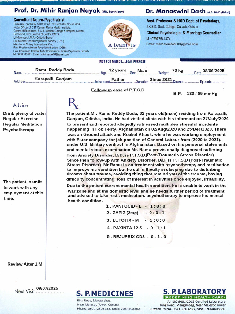 Ramu Reddy Boda, Medical Follow-Up June 2025.. | PDF | Anxiety Disorder ...