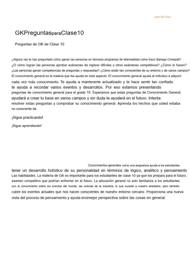 Preguntas de GK para El Clase 10 | PDF | Conocimiento