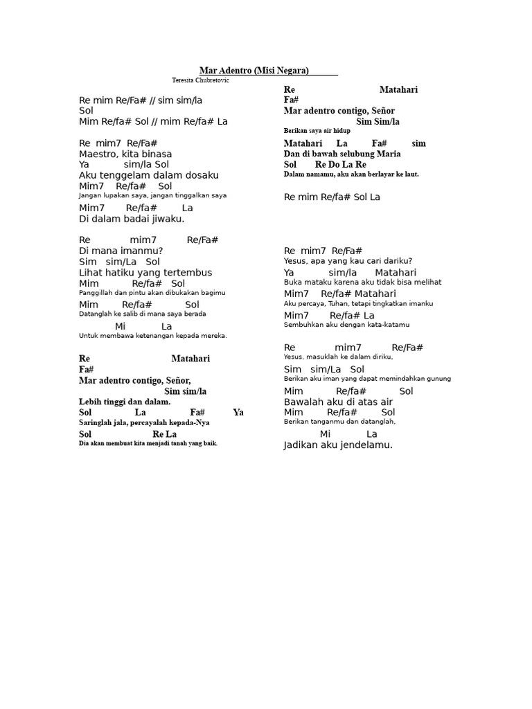 Lirik Lagu "Mar Adentro" oleh Teresita Chubretovic | PDF
