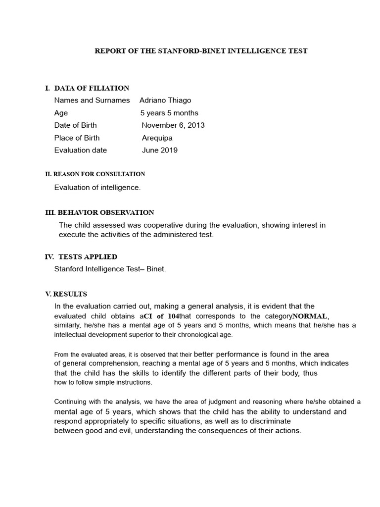 Stanford-Binet IQ Test Report for Child | PDF | Intelligence Quotient ...