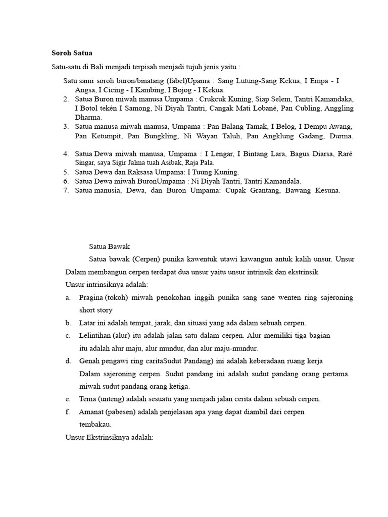 Jenis-Jenis Satua dan Unsur Cerpen Bali | PDF