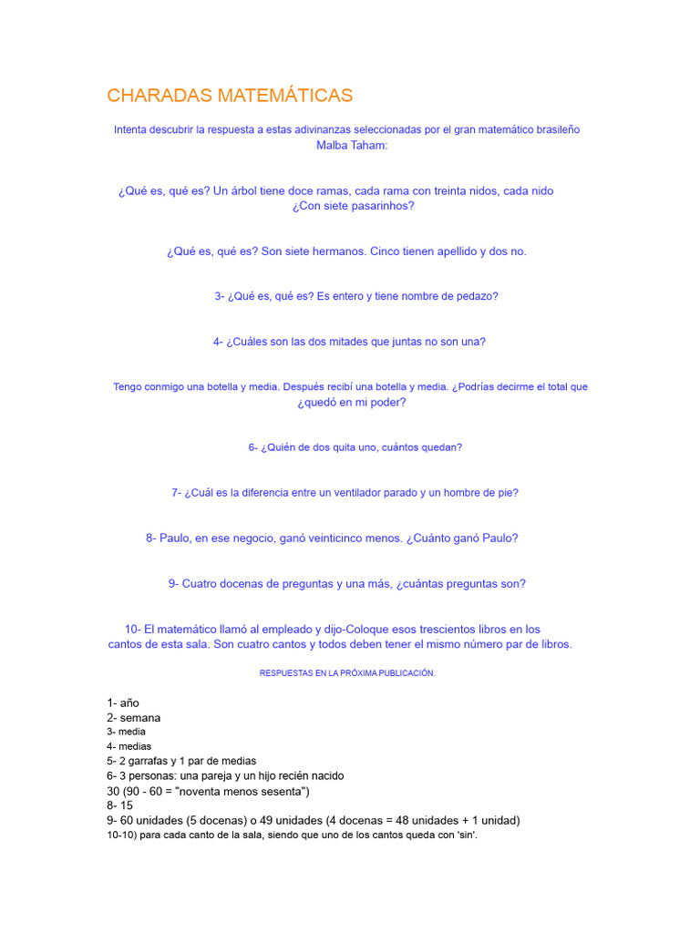 Charadas Matemáticas | PDF