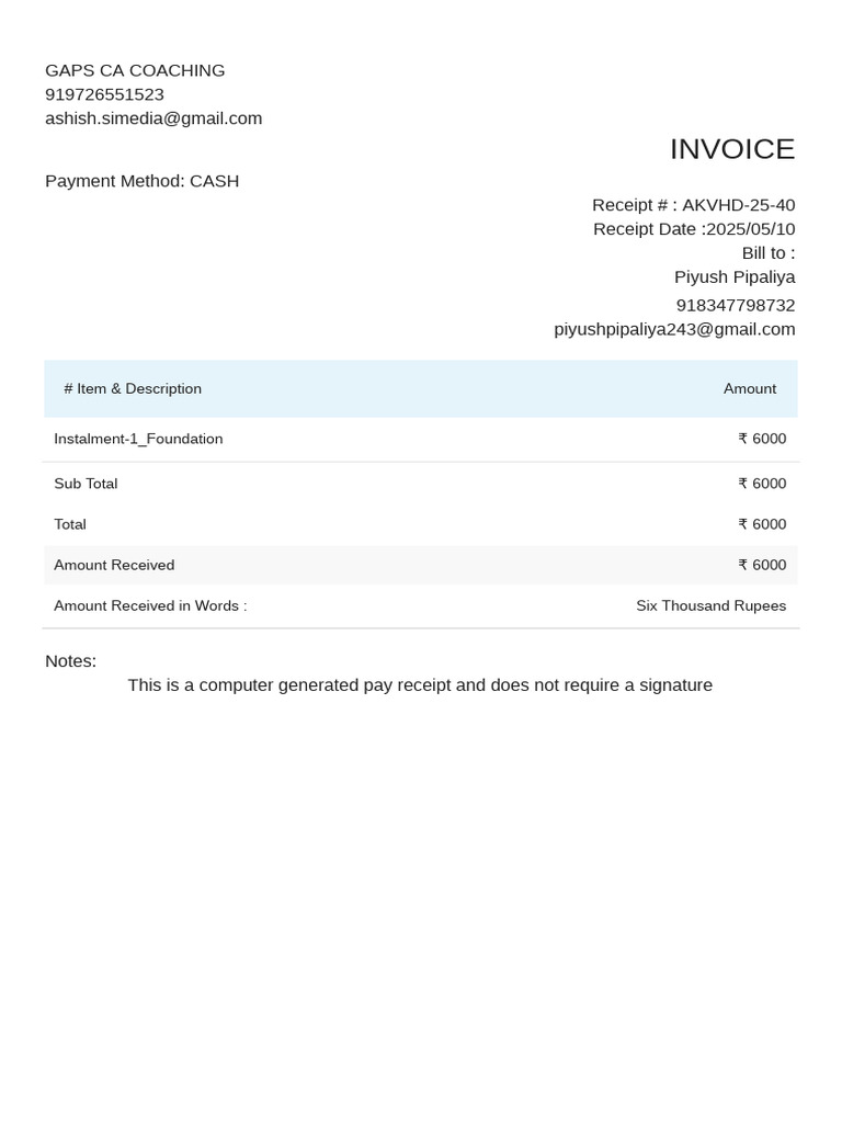 GAPS CA Coaching Payment Receipt | PDF