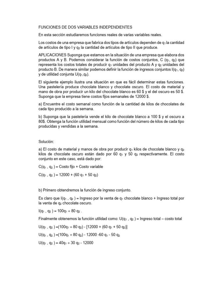Funciones de Costos y Utilidad en Dos Variables | PDF | Función ...