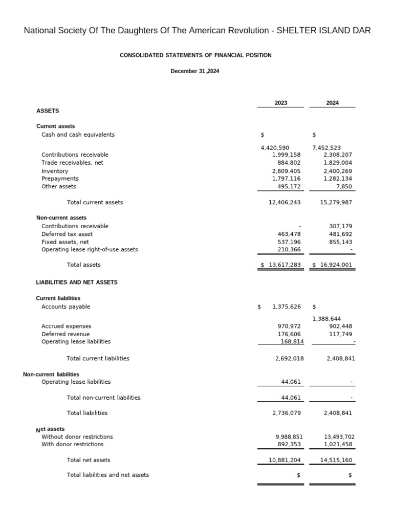 Shelter Island DAR Financial Statements 2024 | PDF | Revenue | Expense