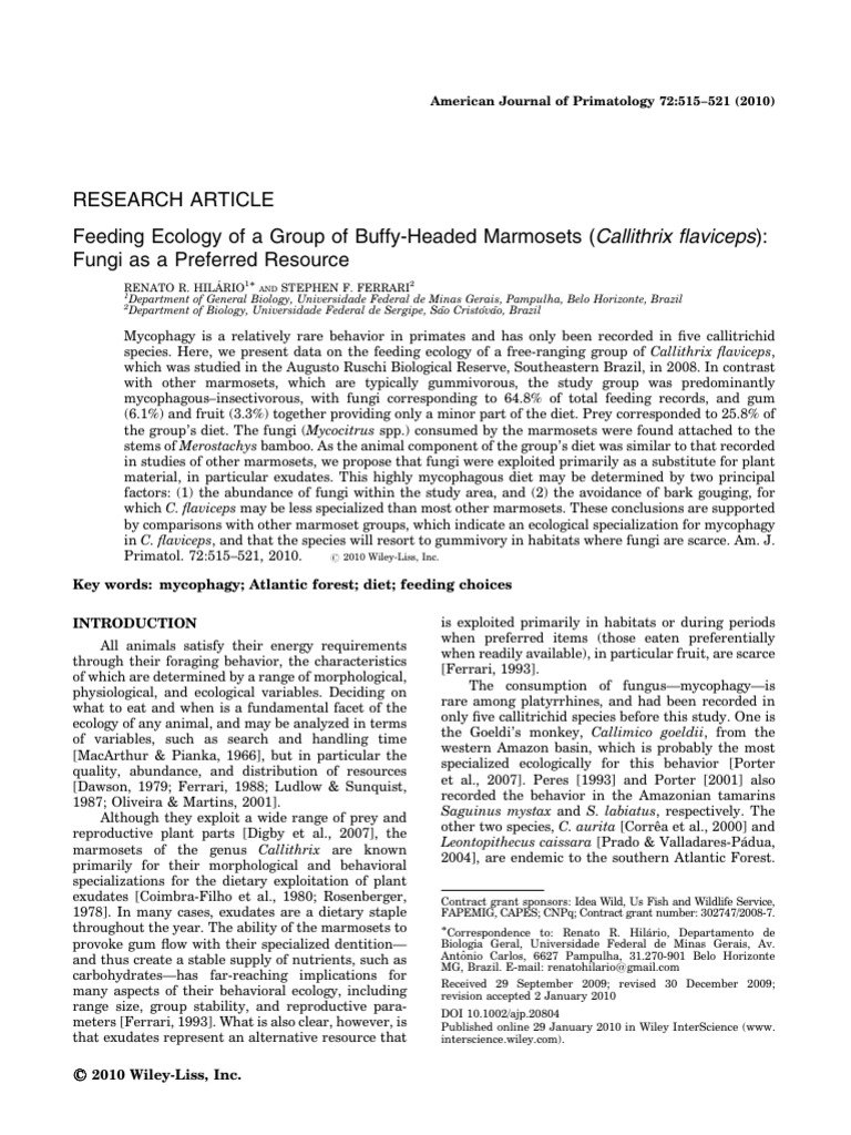 American J Primatol - 2010 - Hilário - Feeding Ecology of A Group of ...