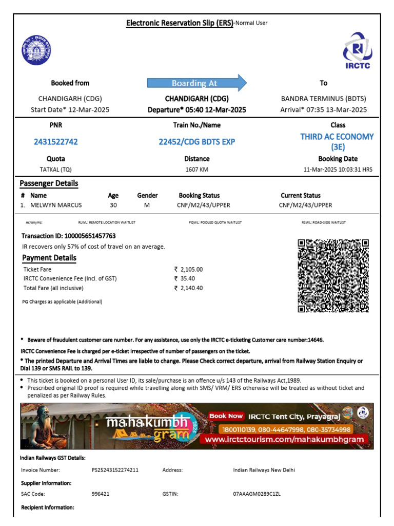 Chandigarh SF Express 20493 Status | PDF | Identity Document | Payments