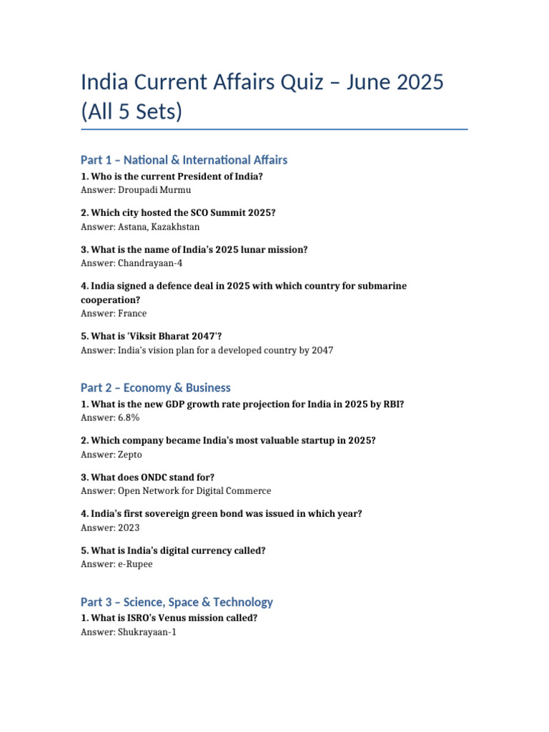 June 2025 Current Affairs Quiz | PDF
