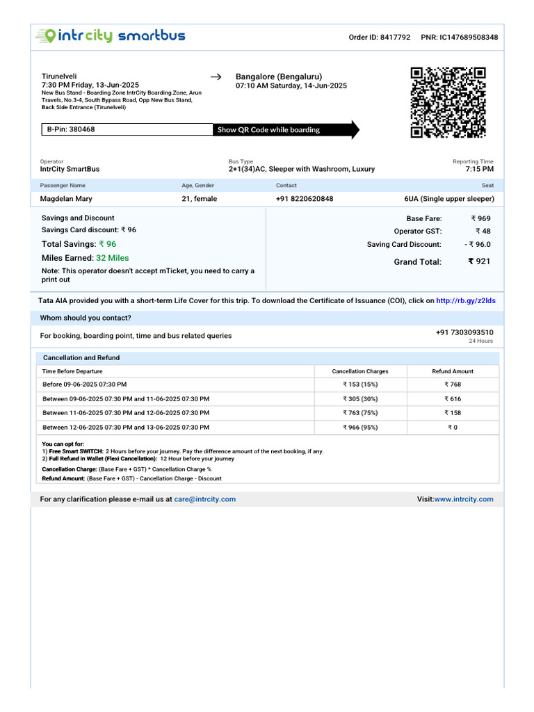 Tirunelveli to Bangalore Bus Ticket Details | PDF | Passenger Rail ...