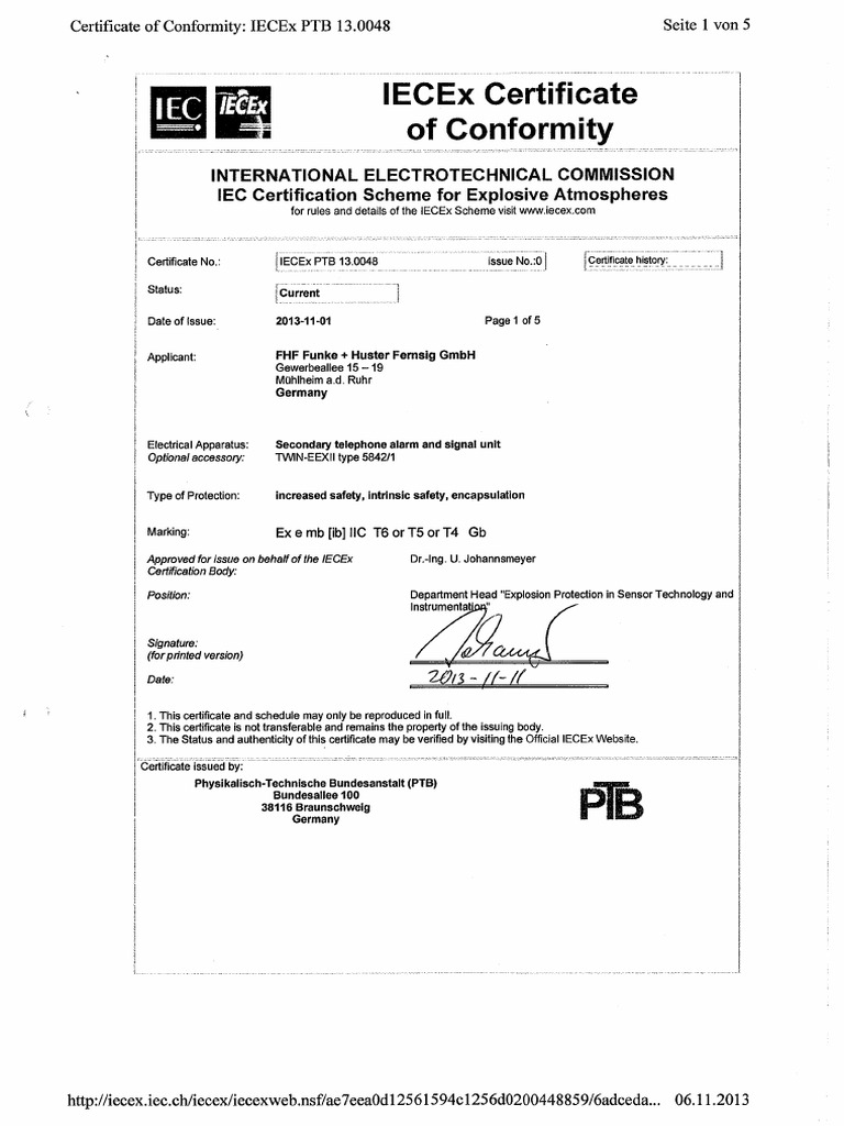 Iecex PTB 13 0048 Certifcate of Conformity FHF Twin Eexll en | PDF