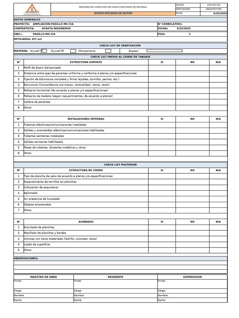 Con 001-Ar-F05 Registro de Inspección de Falso Cielo Raso | PDF ...