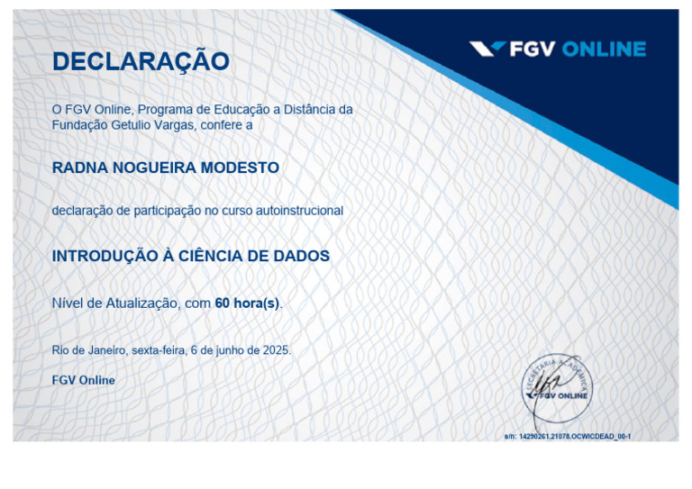 Declaração de Curso FGV: Ciência de Dados | PDF