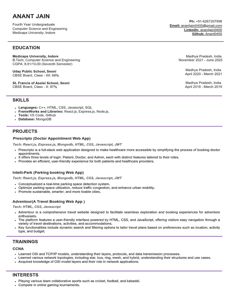 Anant Jain - Computer Science Resume | PDF | Java Script | Computer Network