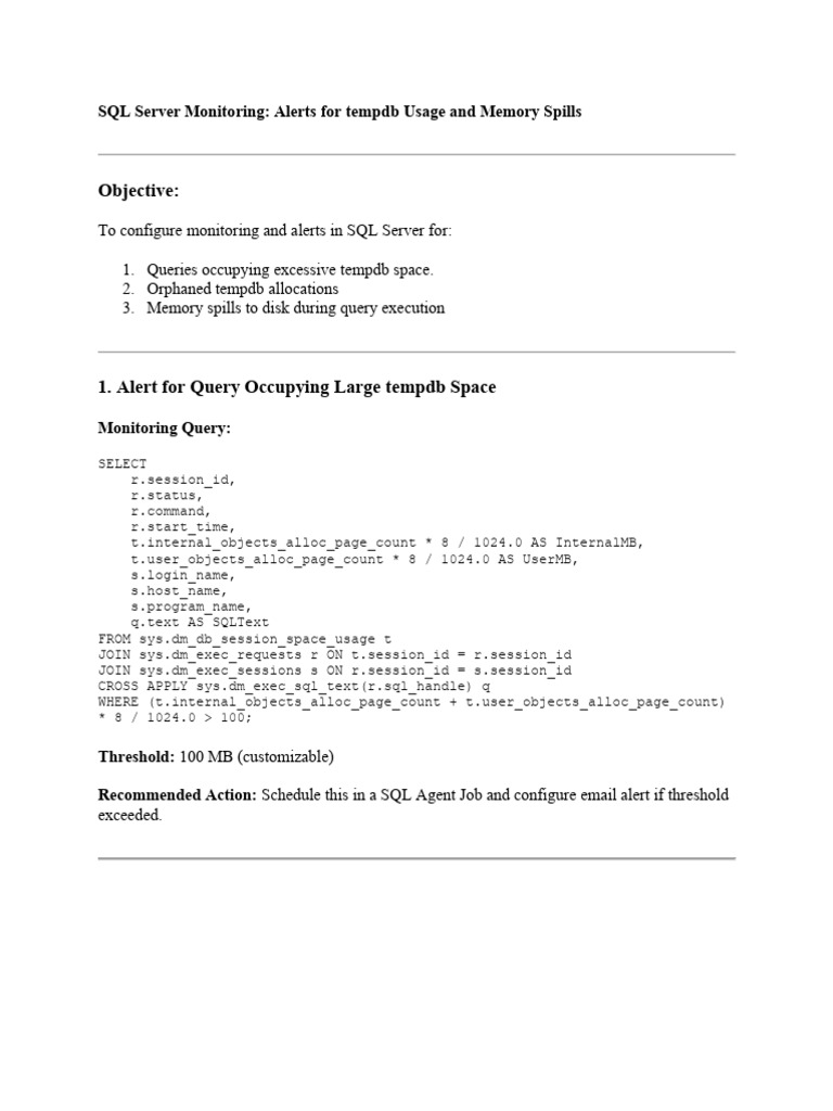Monitoring SQL Server tempdb Usage Alerts | PDF | Microsoft Sql Server ...