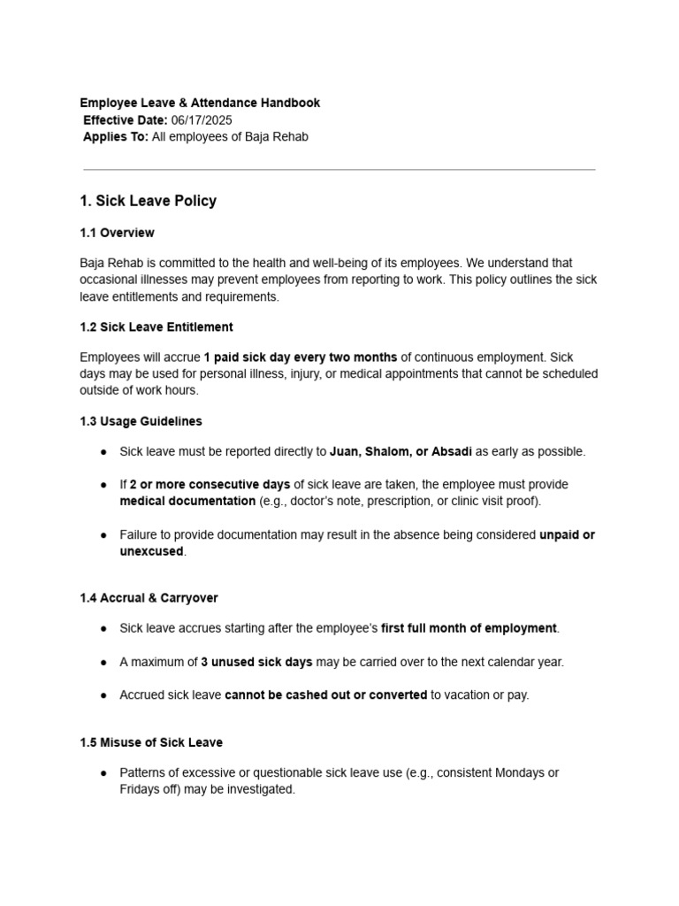 Employee Leave & Attendance Handbook | PDF | Sick Leave | Employee ...