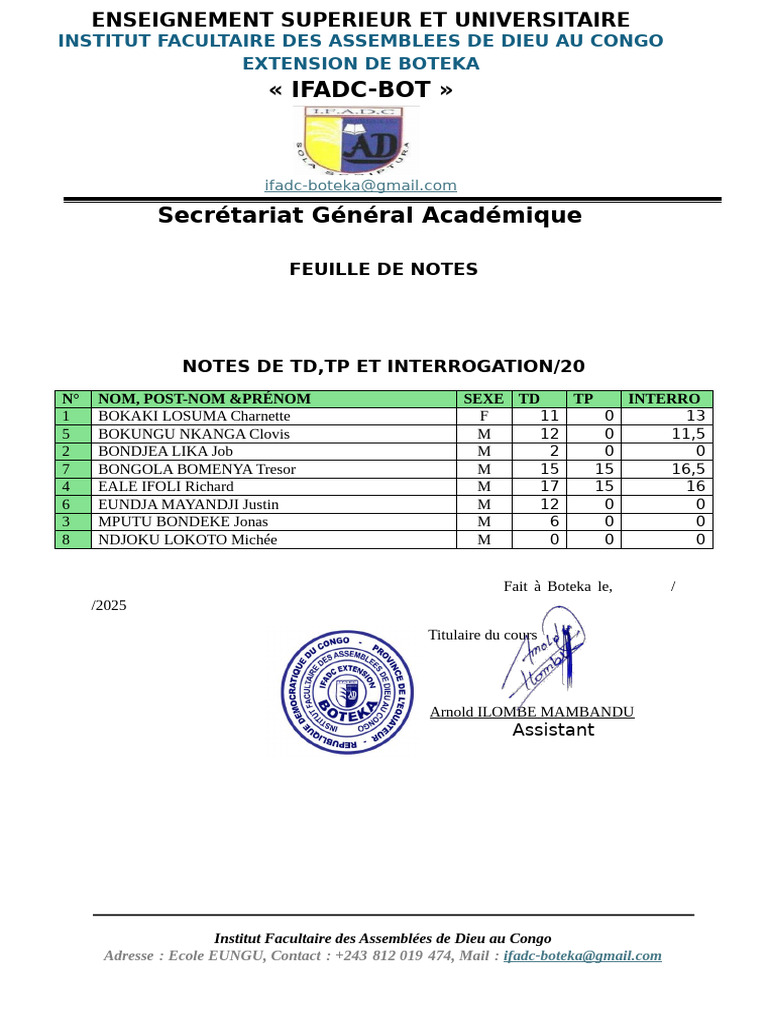 Feuille de notes IFADC-Boteka 2025 | PDF