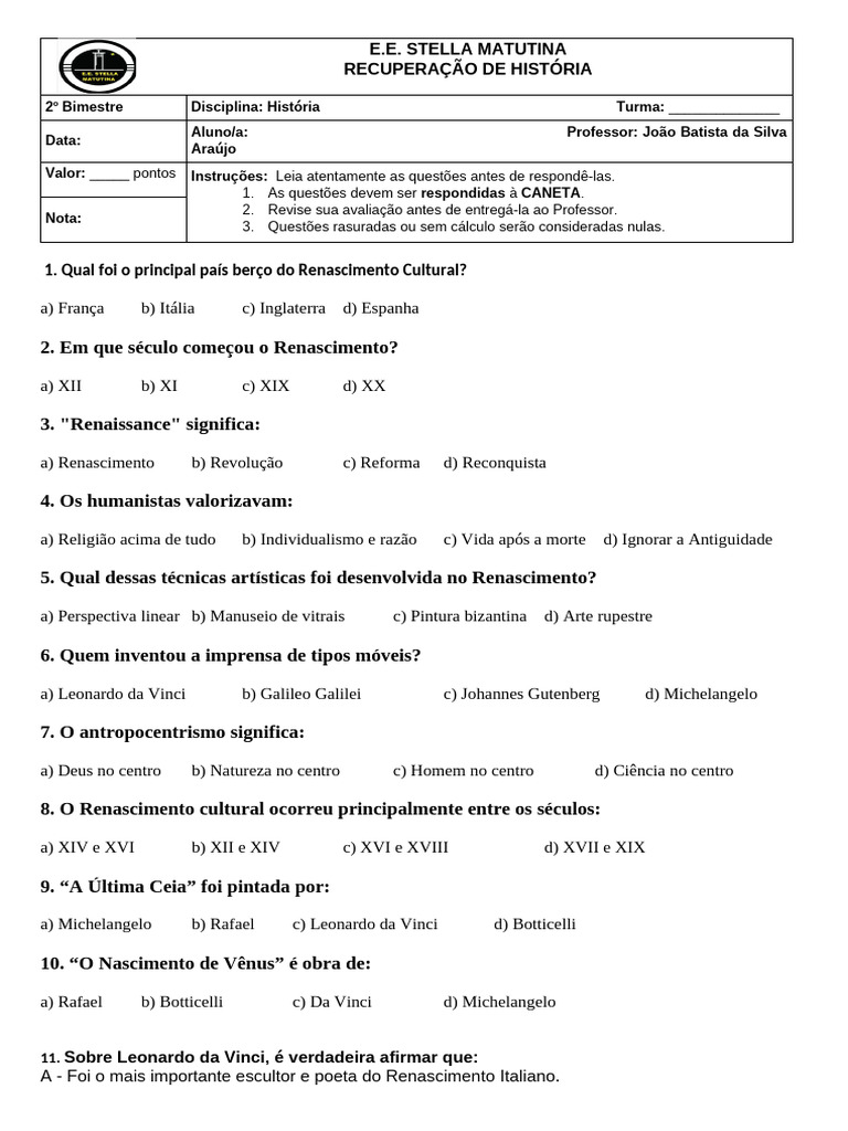 Questões sobre o Renascimento para 7º Ano | PDF | Renascimento ...