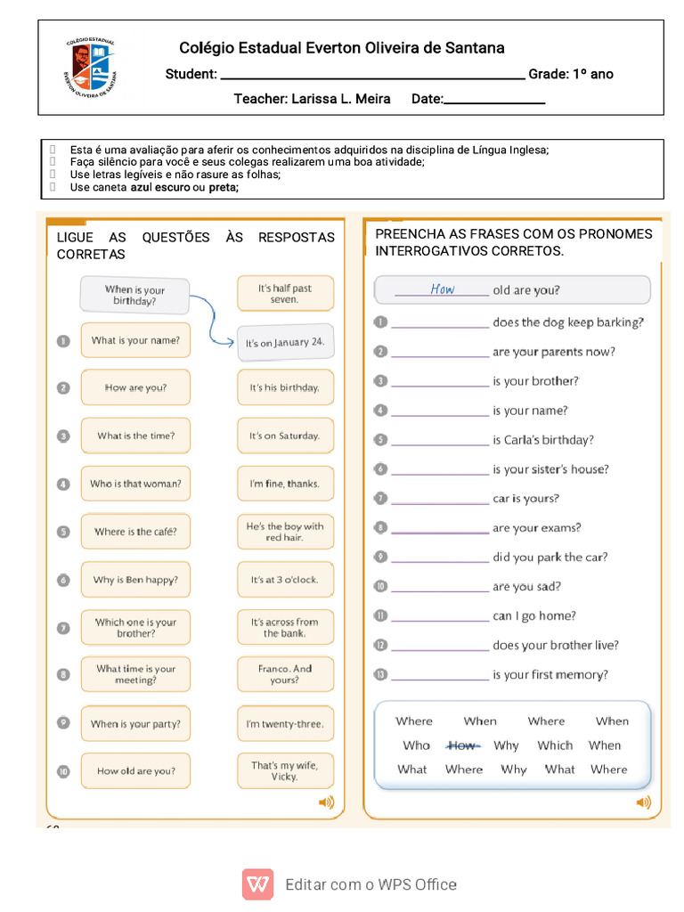 Avaliação de Inglês - 1º Ano | PDF