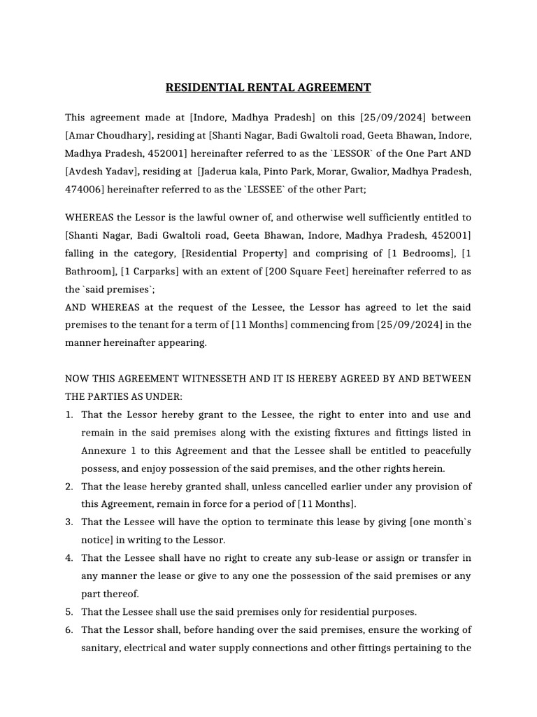 Residential Rental Agreement Template | PDF | Lease | Civil Law (Common ...