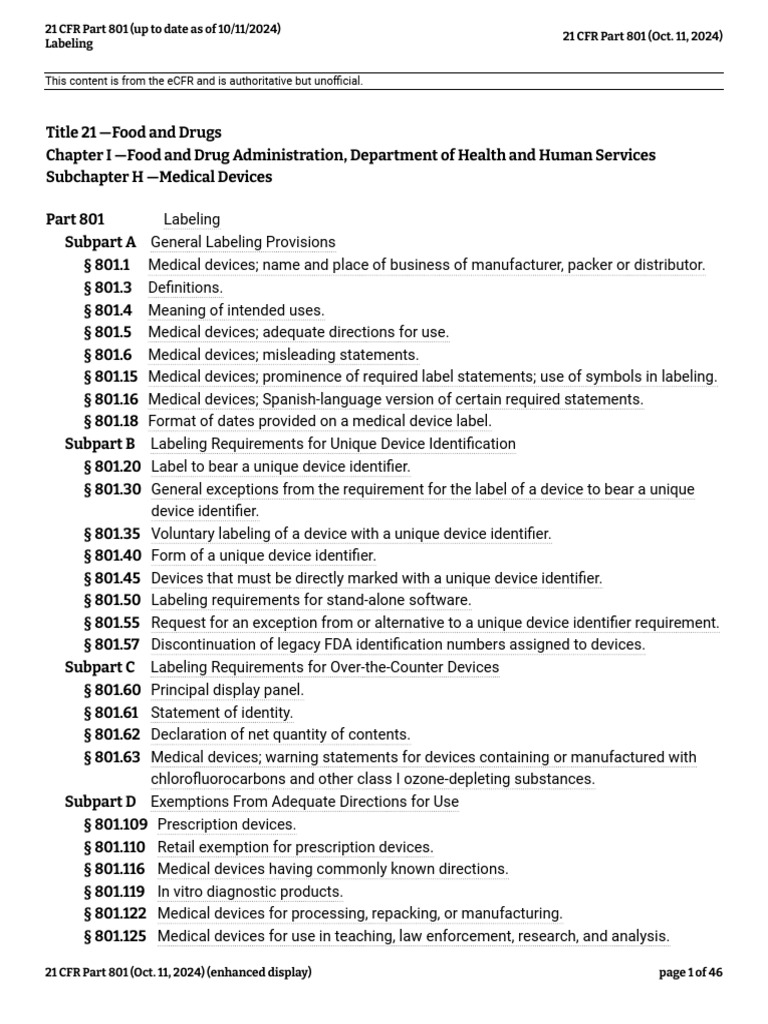 21 CFR Part 801 | PDF | Food And Drug Administration | Medical Device