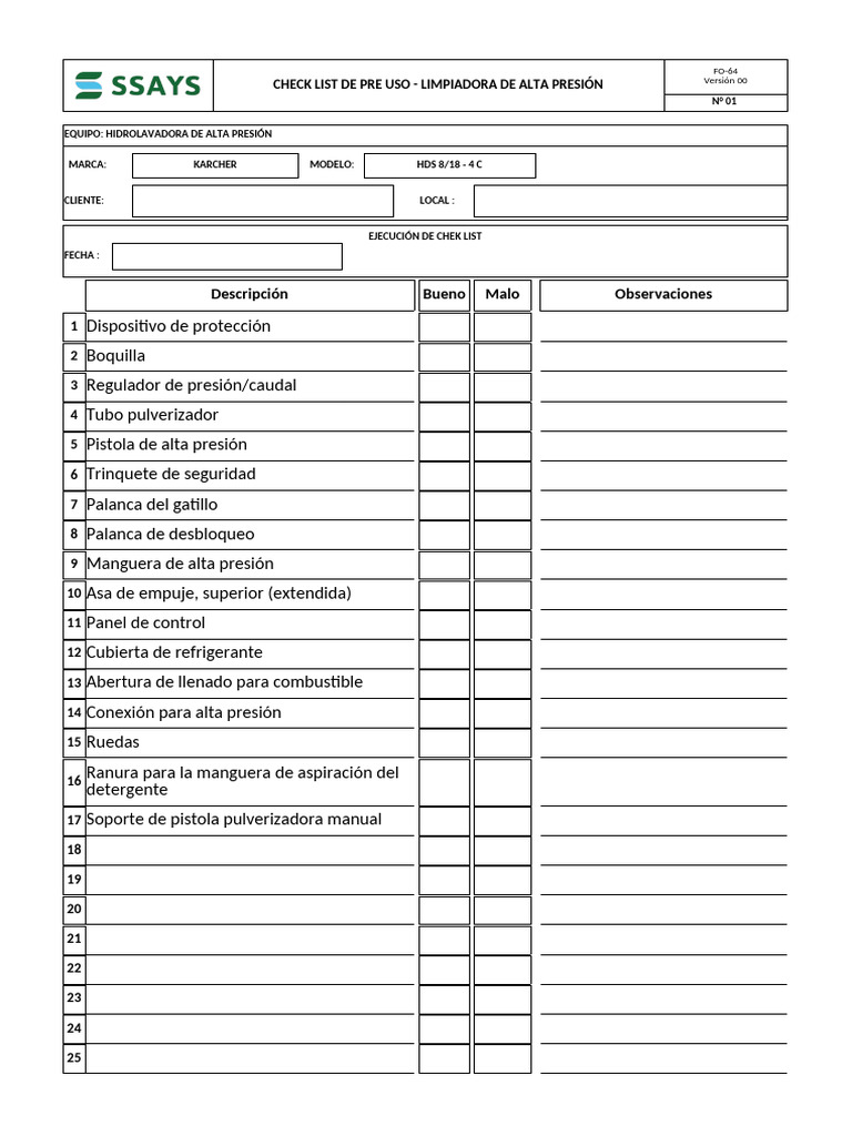 Check List Hidrolavadora Karcher HDS 8/18 | PDF