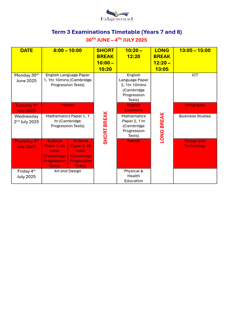 Grade 9 & 10 Term 3 Exam Timetable 2025 | PDF | Science