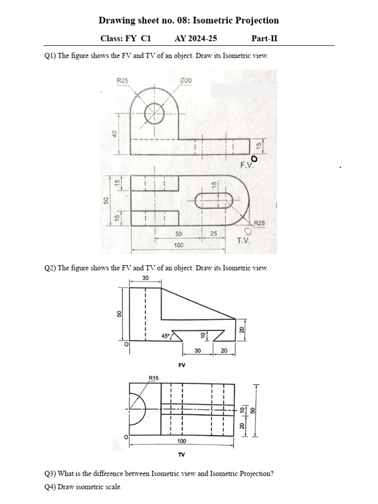 Drawing Sheet No.08 Isometric Projection - FY C1 - AY 24-25 Part-II | PDF