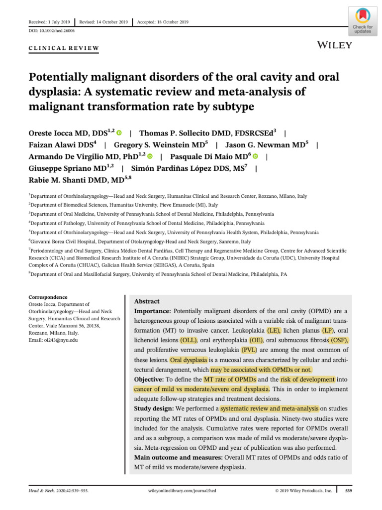 Oral Dysplasia Malignant Transformation Rates | PDF | Medical ...