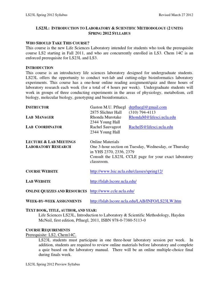 LS23L S12 Syllabus Week by Week Grid PDF Gel Electrophoresis Quiz